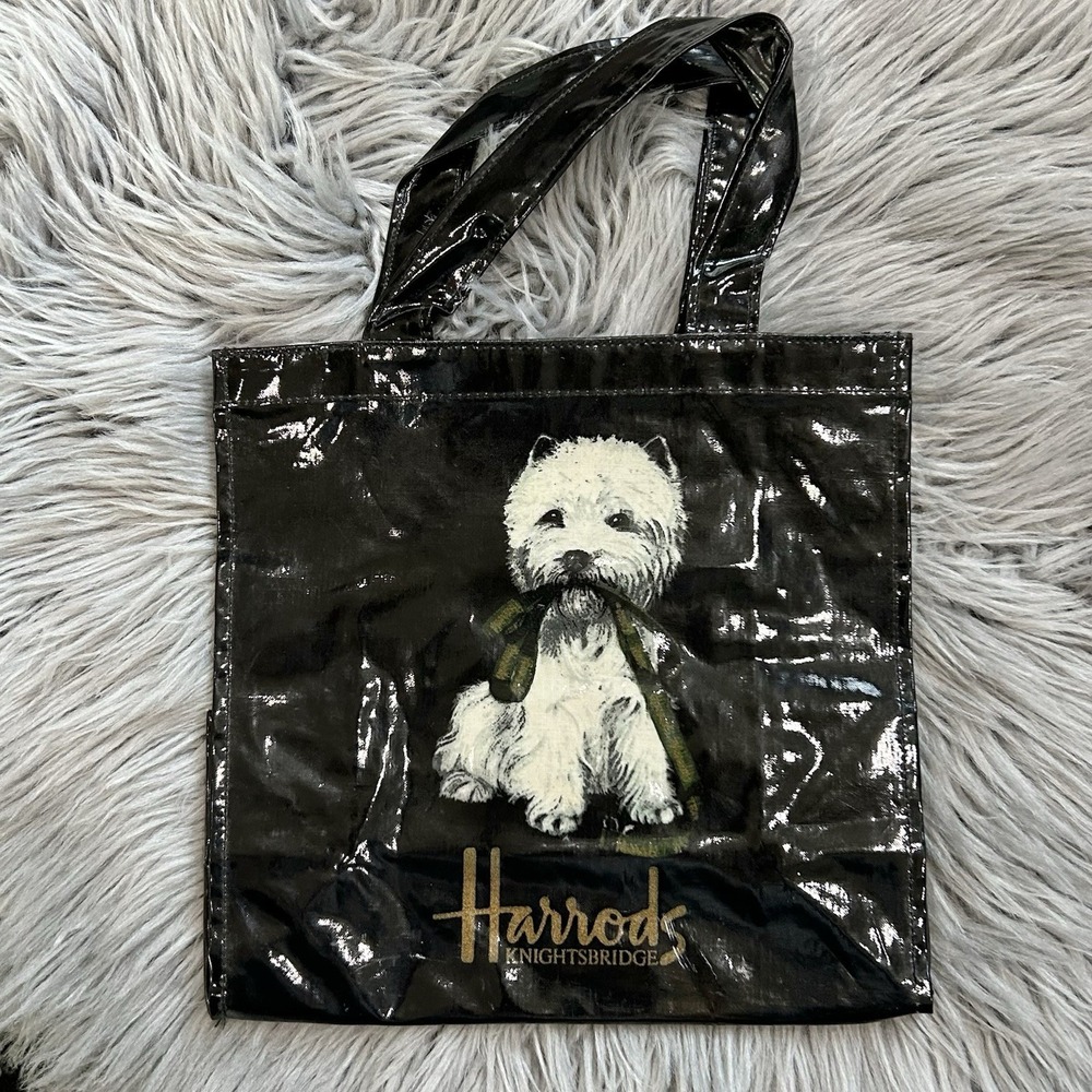 Harrods Black‎ PVC Shopping Tote Bag Reusable White Westie Terrier Dog 10 In